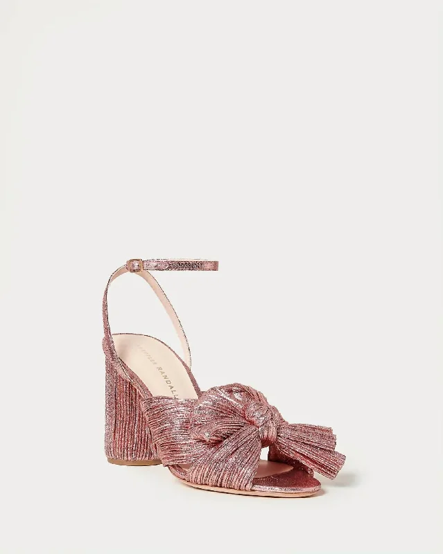 Stylish Basics Women's Camellia Pleated Bow Heel Sandal In Metallic Rose