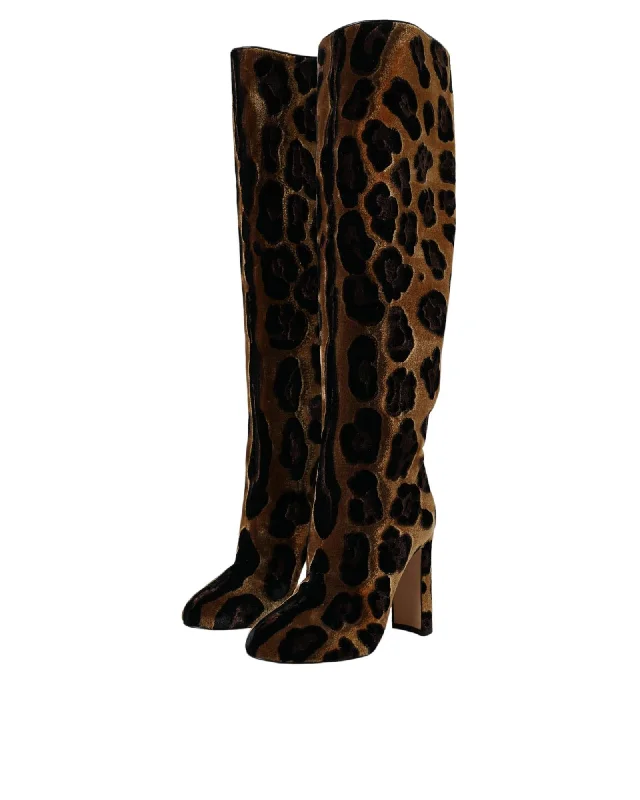 Slip-On Shoes Promotion Dolce & Gabbana  Leopard Print Velvet Knee-High Boots