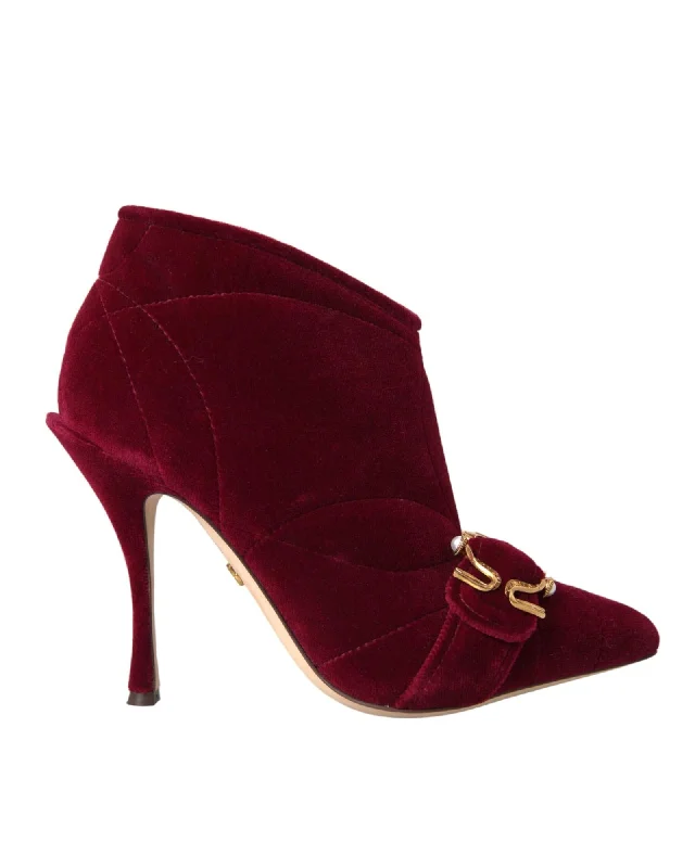 Affordable Shoe Fashion Dolce & Gabbana  Burgundy Velvet Ankle Boots with Gold Buckle Detail