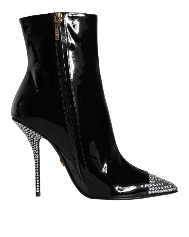 Comfortable Casual Loafers Dolce & Gabbana  Crystal Embellished Black Patent Leather Ankle Boots