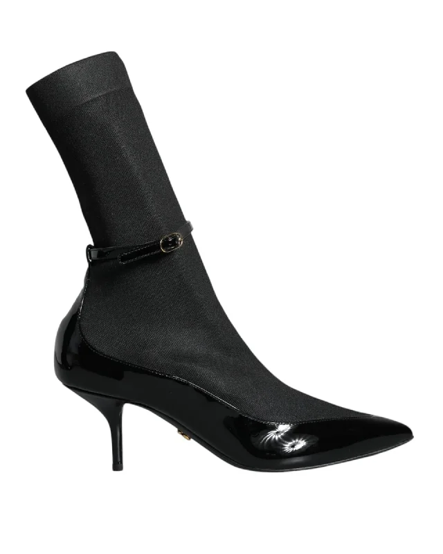 Comfortable Minimalist Shoes Dolce & Gabbana  Black Knit Sock Booties with Patent Leather Toe Cap