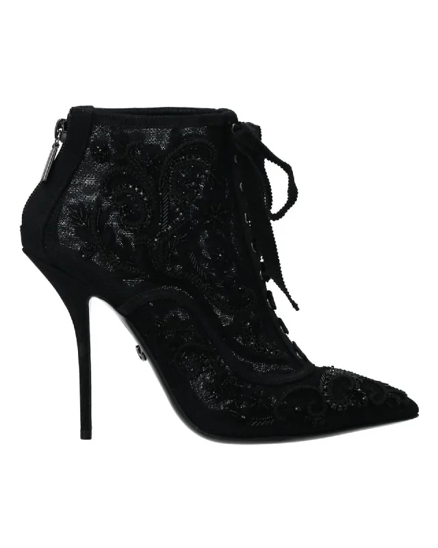 Comfortable Slip-On Shoes Dolce & Gabbana  Black LaceUp Embroidered Ankle Boots