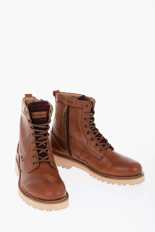 Comfortable Shoes Woolrich Leather JUNGLE Combat Boots with Side Zip and Wool Detail 12 Shoes US