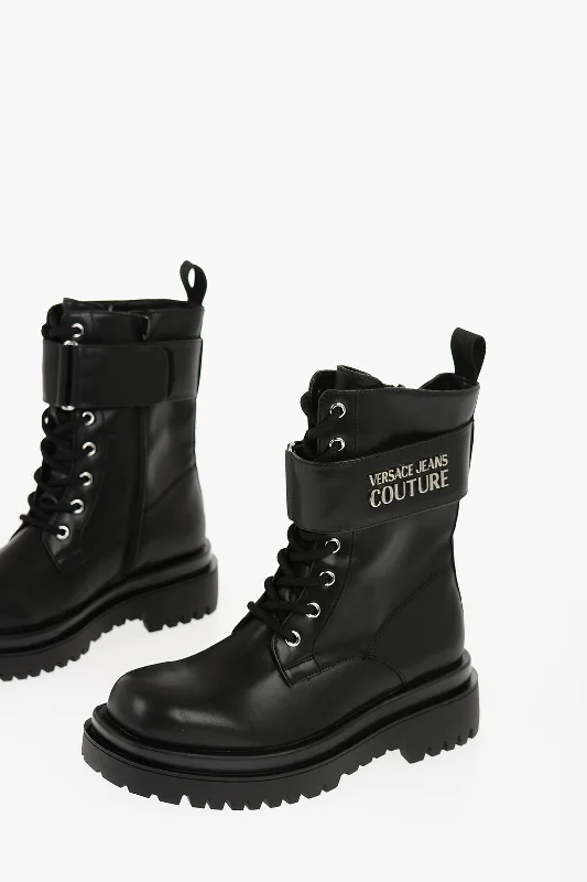 Breathable Shoes Versace JEANS COUTURE Faux Leather DREW Combat Boots with Metal Logo 37 Shoes EU