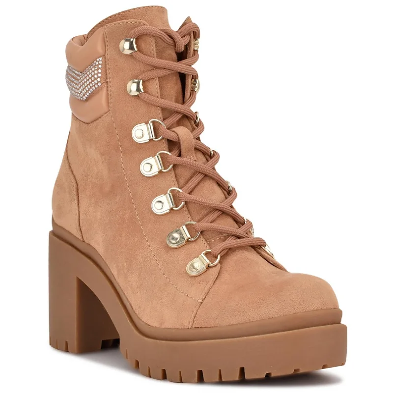 Limited Time Deal Nine West Womens QWORK2 Almond Shape Toe Chunky Heel Combat & Lace-up Boots