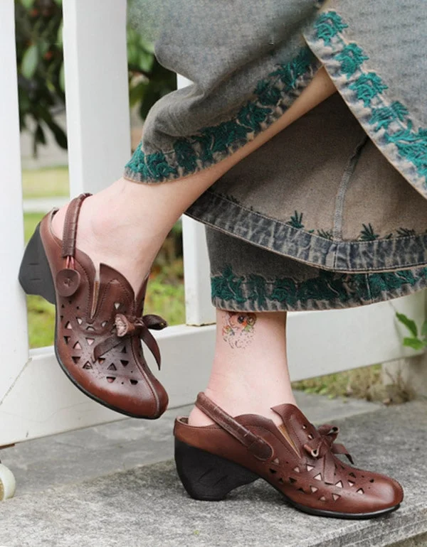 Vintage-Inspired Footwear Sale Handmade Leather Chunky Heels Retro Shoes