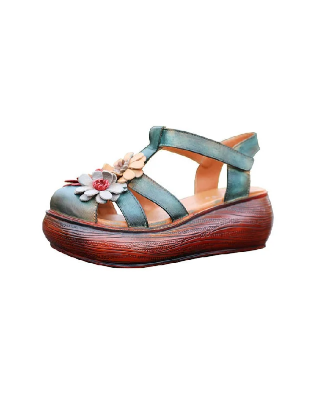 Catch Every Fashion Trend Close Toe Wedge Heel Flower Leather Summer Sandals