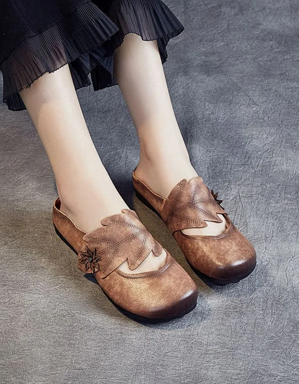 Unleash Your Fashion Handmade Retro Leather Leaf Flat Slippers