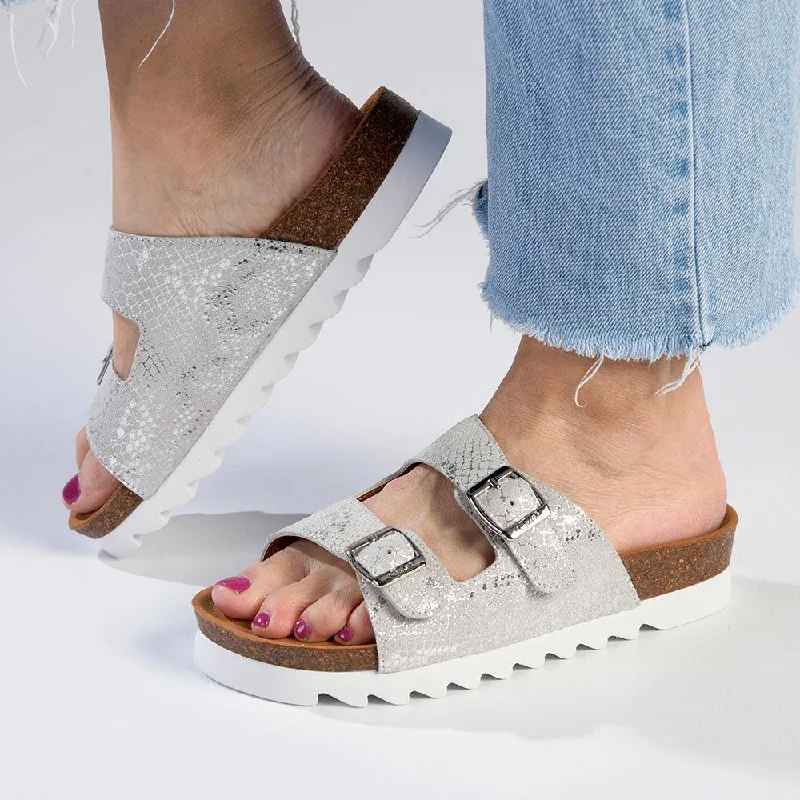 Comfortable Dress Shoes Julz Hudson Leather Double Buckle Footbed Sandal- Silver Snake