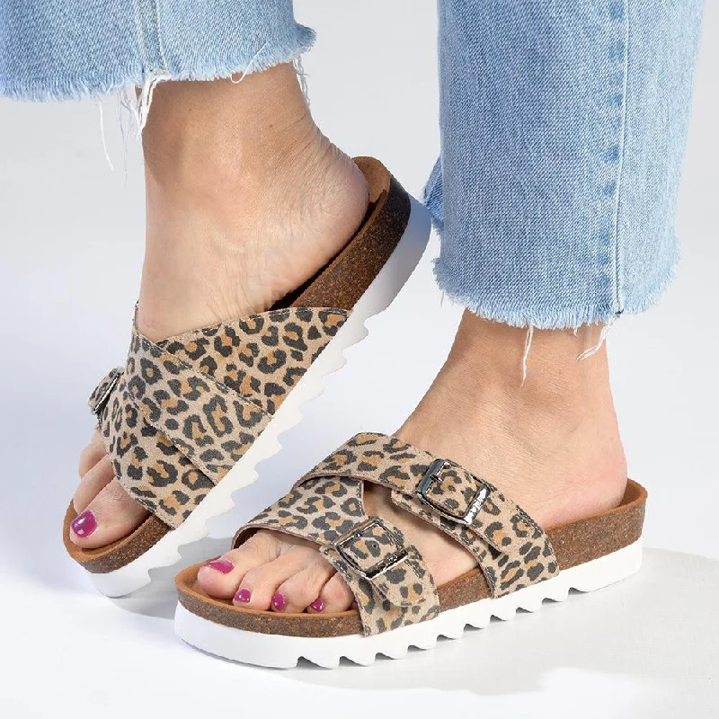 Comfortable Travel Shoes Julz Megan Leather Double Buckle Footbed Sandal - Leopard