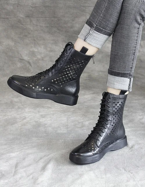 Limited Time Flash Sale Lace Up Hollow Leather Summer Boots Black