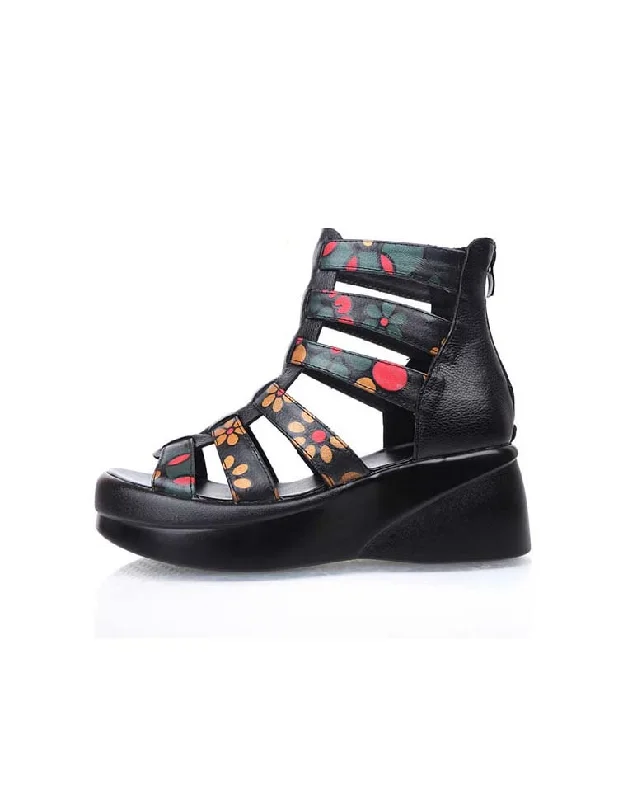 Unleash Your Trendy Side Leather Printed Wedge Heel Summer Sandals