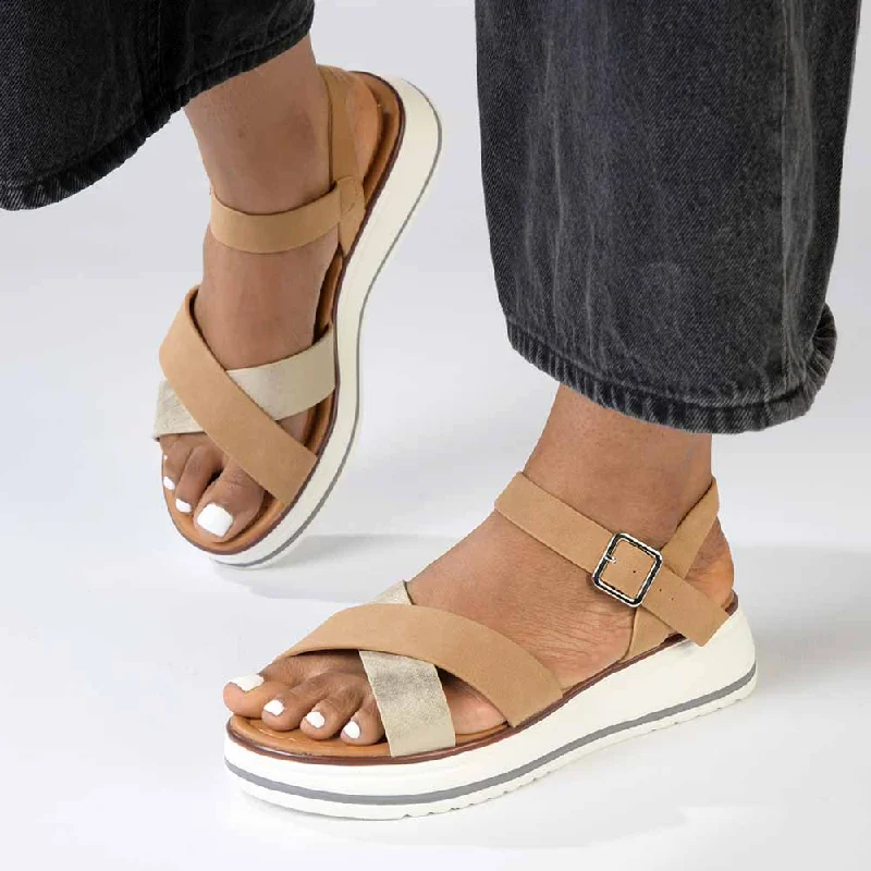 Fashion-Forward Offers Madison Jacklynn Crossover Footbed Sandal - Camel/Gold