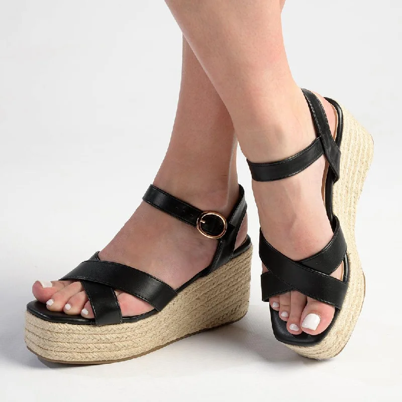 Feminine Style Promotions Madison Libby Espadrille Wedge Sandal - Black