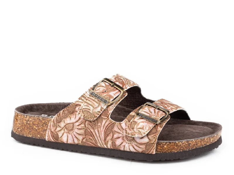 Hot Deals Roper Womens Delilah Tan Leather Floral Sandals Shoes