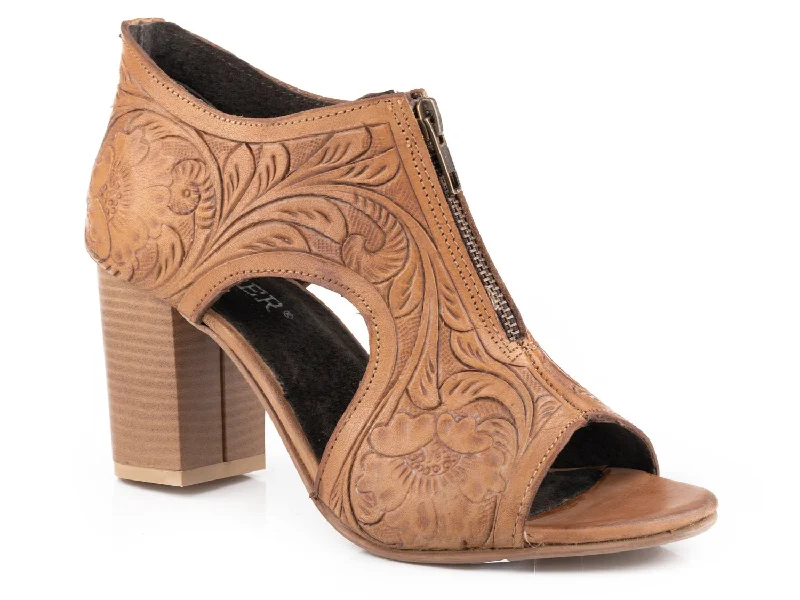 The Latest Trends Roper Womens Mika Front Zip Tan Leather Peep Toe Heels