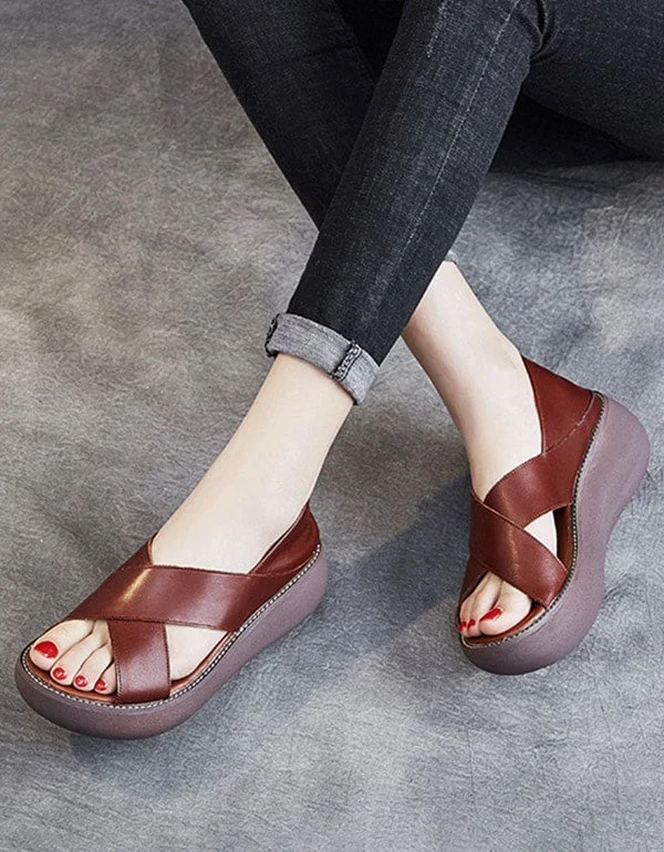 Outdoor Shoes Sale Summer Retro Leather Slip On Platform Sandals