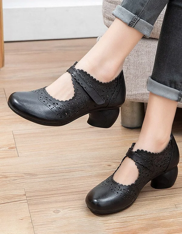 Comfortable Walking Shoes Spring Handmade Leather Vintage Chunky Shoes